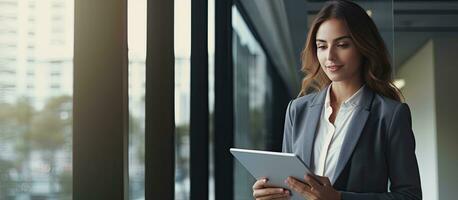 Young businesswoman using tablet in office and looking at camera photo