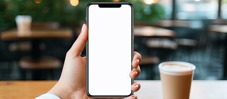 un mujer mensajes de texto en un móvil teléfono a un café tienda con un blanco blanco pantalla Bosquejo foto