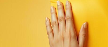 Close up of a woman s ear and hands with yellow background Symbolizing eavesdropping espionage gossip and the yellow press photo