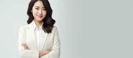 Confident young Asian businesswoman in office attire smiling isolated photo