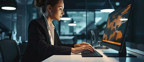 Female IT developer typing on keyboard with programming code and laptop in office interior copy space available photo
