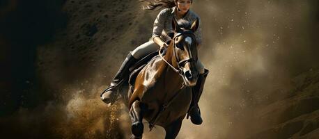 en profundidad representación de un deporte involucrando un rápido corriendo caballo y un joven hembra atleta foto