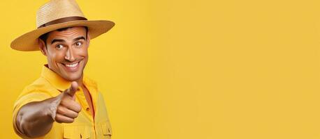 Male tourist wearing straw hat happily points to the right indicating promotional offer on yellow background Copy space available photo