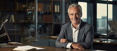 Portrait of a confident mature businessman working in a modern office Mature cheerful executive businessman at workspace office Portrait of smiling CEO photo