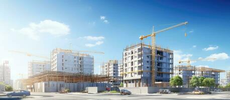 Construction site with unfinished residential buildings and copy space captured using a wide angle lens under a blue sky photo