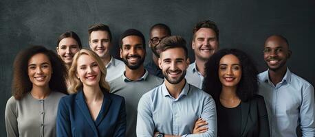 Portrait of diverse and successful professional team posing happily for camera photo