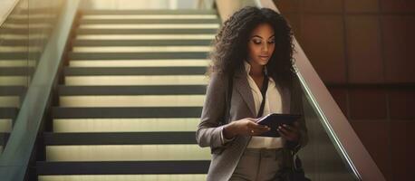 A black businesswoman using digital tablet while descending stairs at the office Empty area photo