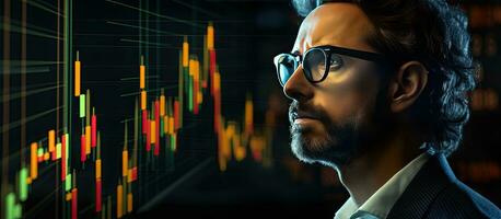 Trader with glasses analyzing stock market cryptocurrency chart reflected Copy space photo