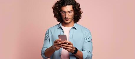 un joven hombre en su veinte es utilizando su teléfono a hacer en línea compras y libro un viaje mientras participación un crédito tarjeta foto