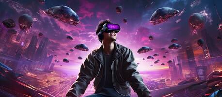 Asian man in VR headset floating in purple cyberpunk neon background playing video game representing Metaverse concept photo