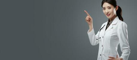 Asian doctor pointing with hand on copy space studio shot isolated on a gray background photo