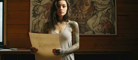 Creative woman with tattoos holding painting planning art exhibition in waist up portrait photo