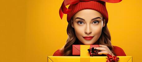 Smiling girl with box on yellow background banner with copy space Seasonal sales Boxing Day presents and gifts purchase photo