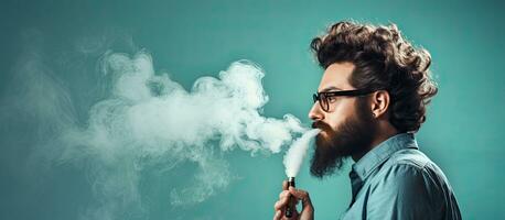 Blue background man using vaping device room for text photo