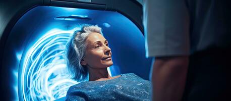 Your scan results are available A doctor comforts a mature woman before an MRI scan photo