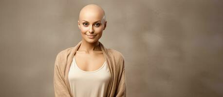 Confident bald woman posing waist up minimal background alopecia and cancer awareness photo