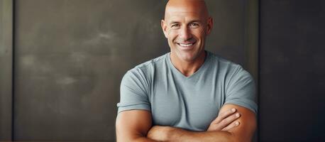 Confident mature bald man with crossed arms smiling waist up portrait photo