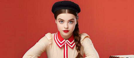 French beret wearing teen girl taking notes in planner studying Isolated poster of studious schoolgirl banner portrait photo