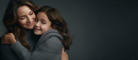 Middle aged mom hugging daughter on grey background photo