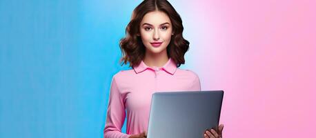 Studio photo of a female student holding a laptop against a pink background
