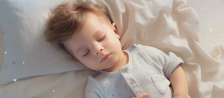 Top view of cute toddler sleeping on side in bed indoors photo