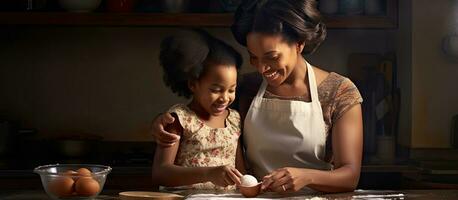 African American mother and daughter preparing dough in kitchen photo