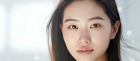 Half of the face of an Asian woman with fresh skin and freckles is featured on a white banner background photo