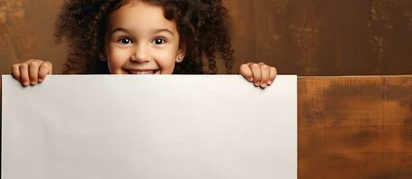 contento niña detrás blanco bandera en marrón antecedentes espacio para texto o diseño foto