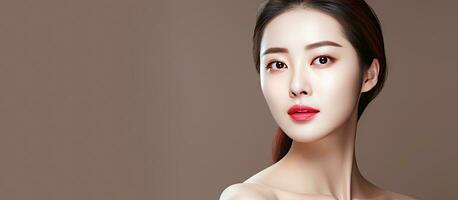 Asian model girl with makeup and healthy skin pointing to empty white space photo