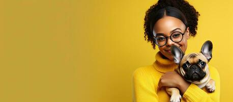 African American woman cuddling her French Bulldog pet on yellow studio background photo