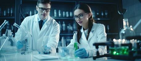 Two happy lab scientists with clipboard in lab background photo