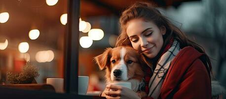 Red haired woman cuddles mongrel at caf while working on laptop embracing pet college lifestyle photo