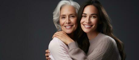 Adult daughter embraces mature woman both look directly at camera isolated on grey background photo