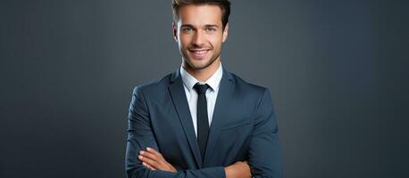 A young smiling businessman with a laptop isolated on a gray background photo