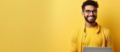 Arab freelancer using laptop working online yellow background Cheerful middle eastern man sitting on floor with notebook copy space photo
