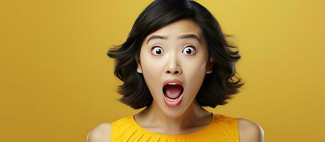 Excited Asian woman presenting a product with a surprised and happy expression and open mouth looking at the copy space photo