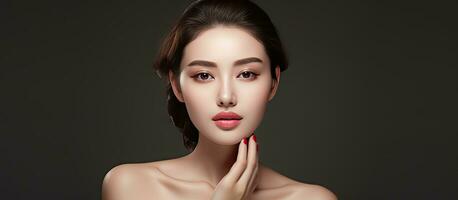 Asian model girl with makeup and healthy skin pointing to empty white space photo