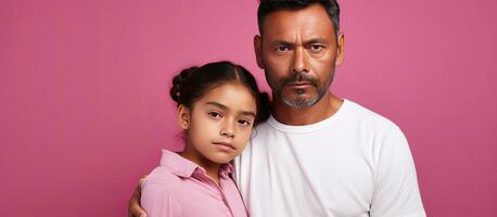 Father and daughter from Latin America dressed casually on pink background with blank space in Mexico photo