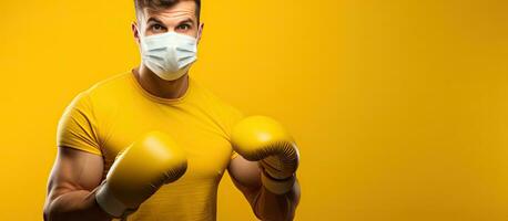 Man wearing mask and gloves yellow background text space Concept of strong immunity photo