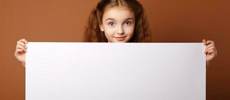 Blank white banner held by young girl on brown background Copy space photo