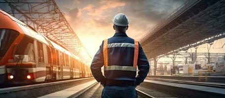 Confident railway engineers successful job banner photo