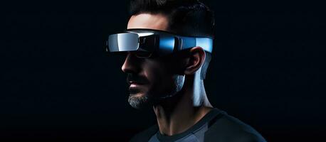 un hombre en su treinta vistiendo virtual realidad lentes en un oscuro antecedentes con un atención en artificial inteligencia hackear fraude Copiar espacio disponible foto