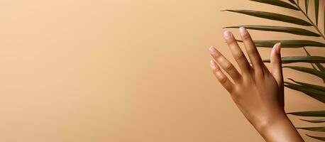 Open empty female hand isolated on cream background with copy space facing upwards for product display photo