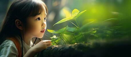 Concept of a young Asian girl observing a plant in nature photo