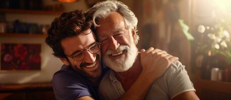 adulto hipster hijo y antiguo mayor padre disfrutando hora juntos a hogar unión terminado su barbas y compartiendo sonrisas felizmente celebrando padre s día su foto