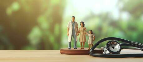 Small wooden figures of mom dad and kid on a doctor s table with a stethoscope Family health care and regular checkup concept Blurred background for me photo