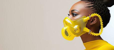 A girl with dark skin wears a medical mask and a yellow dress as she listens to the teacher isolated on a white background in a banner format photo