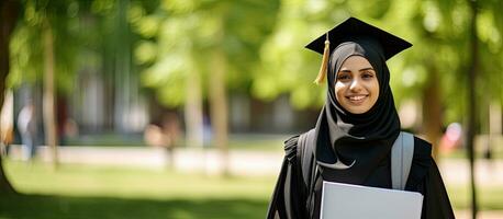 musulmán mujer en educación un hijab vistiendo estudiante posando al aire libre con libros y un mochila disfrutando gratis hora en instalaciones foto