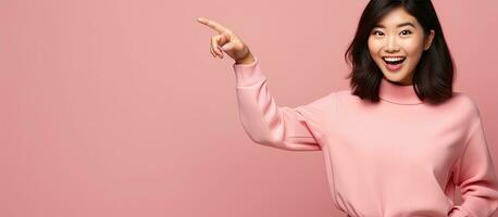 Asian woman showcasing product with open palm and pointing finger for promotion photo