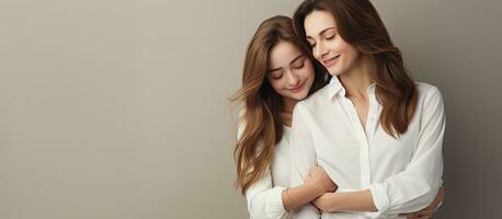 Joyful mother and daughter hugging wearing jeans and white blouses in isolation on a gray background photo